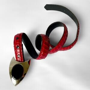 80s Vintage Snakeskin Belt Signed 1988 Abstract Triangle Buckle Red Exotic Skin